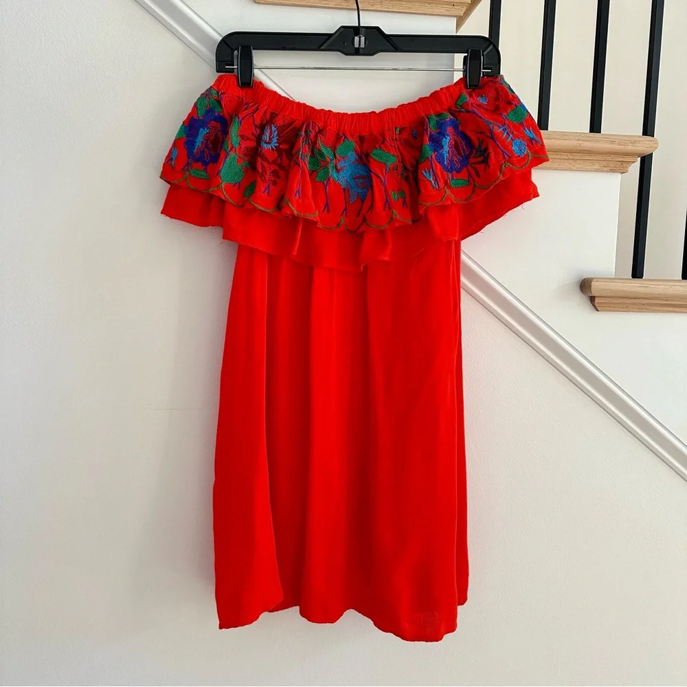 Altar’d State Red Off Shoulder Mini Dress with Flower Embroidery, Size XS - Picture 2 of 8